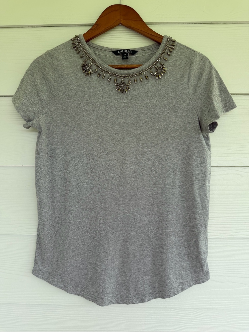Lauren Ralph Lauren Gray Embellished Neck Tee